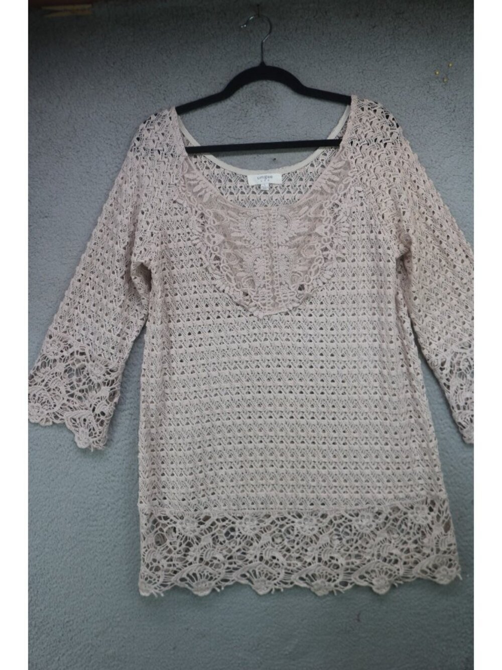 Umgee 3/4 Sleeve Crochet Mesh Sheer Tunic-Large-Cottagecore-BOHO-Feminine
